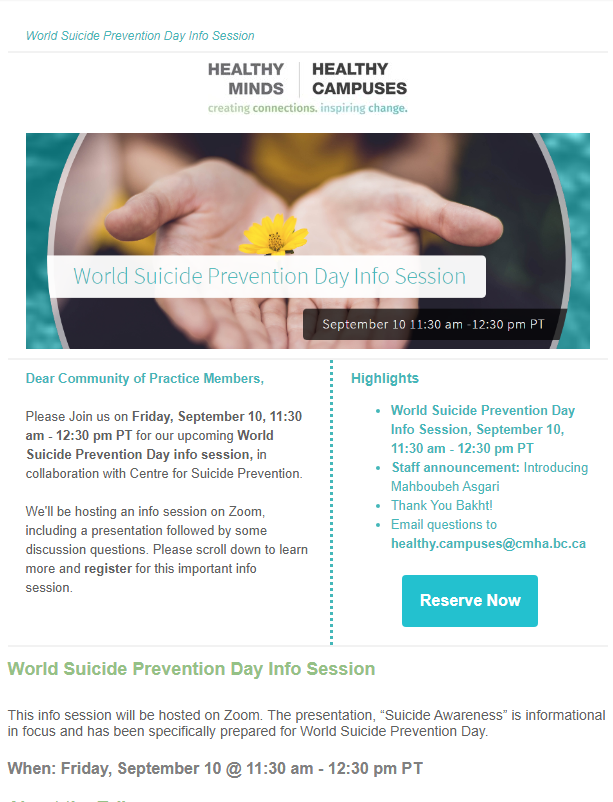World Suicide Prevention Day Info Session
